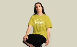 Brunette girl skirt oversized t-shirt | Start Editing Online