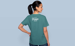 Woman backwards in t-shirt mockup