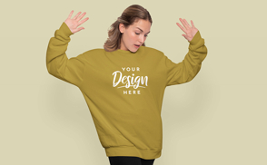 Surprised woman in sweatshirt mockup