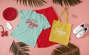 Chic clothes with tote bag and t-shirt mockup
