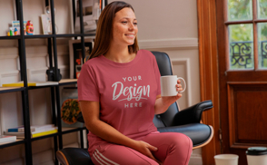 Office woman with mug t-shirt mockup