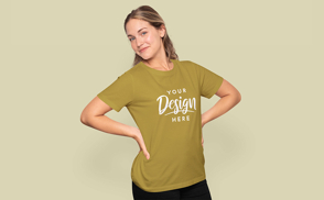 Blonde girl smile in t-shirt mockup