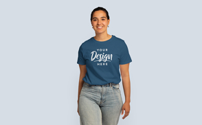 Brunette girl in jeans t-shirt mockup | Online Mockup Generator
