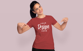 Woman in ponytail point to t-shirt mockup