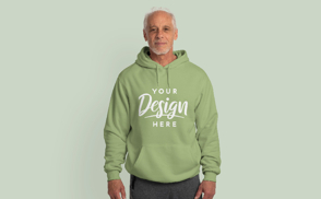 Adult man grey-haired hoodie mockup | Start Editing Online