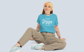 Girl in bandana sitting t-shirt mockup | Start Editing Online
