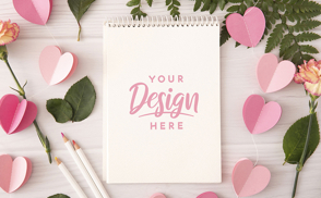 Valentines day paper hearts and notebook mockup