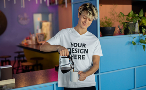 Man pouring coffee on cup t-shirt mockup