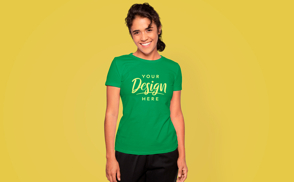 Smiling happy model t-shirt mockup