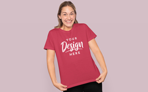 Blonde woman smile happy in t-shirt mockup