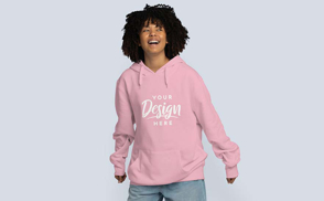 Black woman laughing in hoodie mockup