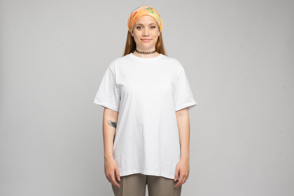 Hispanic girl with bandana in oversized t-shirt mockup