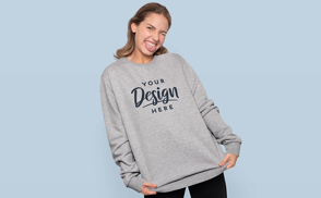 Happy woman posing in sweatshirt mockup
