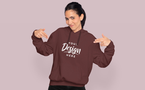 Brunette happy woman hoodie mockup