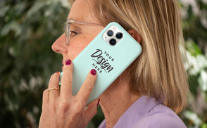 Woman with red nails talking on phone case mockup