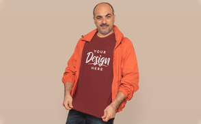 Man in orange jacket and t-shirt mockup