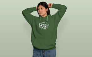 Asian girl in jeans and hoodie mockup