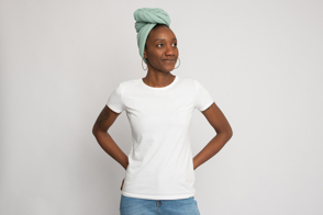 Black girl with headscarf and white t-shirt mockup