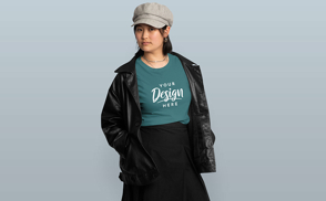Asian girl leather jacket t-shirt mockup