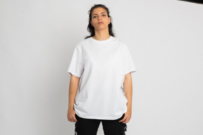 Latin american woman in cargo pants and t-shirt mockup