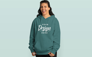 Brunette girl laughing in hoodie mockup