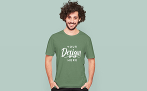 Man with curly hair and t-shirt mockup