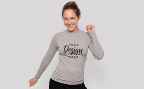 Happy young woman in long t-shirt mockup