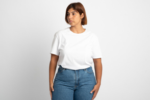 Plus size woman in jeans and t-shirt mockup