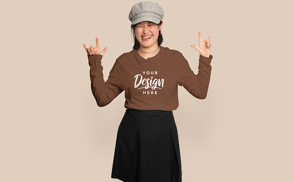 Fun asian girl in sweatshirt mockup