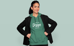 Woman in blazer and hoodie mockup