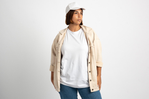 Plus size woman looking far away in t-shirt mockup