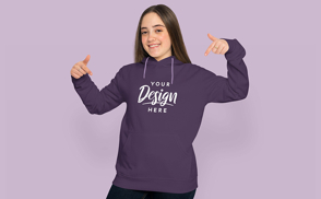 Happy teen girl model in hoodie mockup