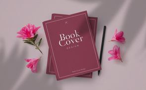 Books with pencils and flowers mockup