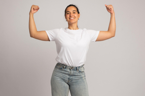 Strong hispanic girl in t-shirt mockup