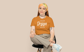 Girl with bandana sitting t-shirt mockup | Start Editing Online