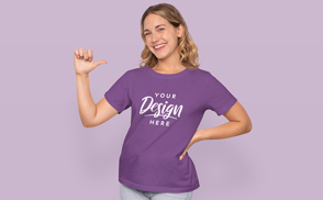 Woman smiling and wearing t-shirt mockup