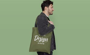 Smiling model profile tote bag mockup