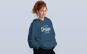 Red head older woman in hoodie mockup