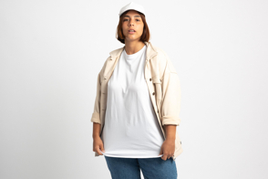 Plus size girl with jacket showcasing a t-shirt mockup