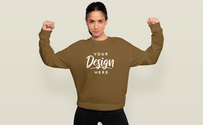 Strong woman in sweatshirt mockup-repeated