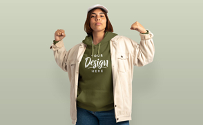 Strong plus size woman in hoodie mockup