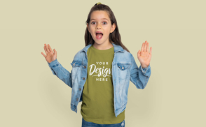 Girl in jean jacket and t-shirt mockup