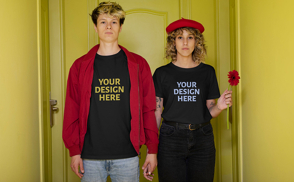 Couple with beret and flower t-shirt mockup