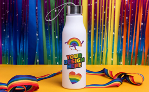 Water bottle with rainbow curtain mockup