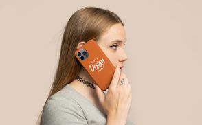 Blonde woman with phone case mockup