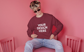 Man in jeans and sunglasses sweatshirt mockup