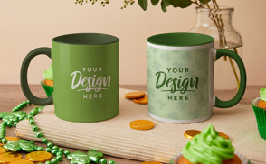 St Patricks holiday mugs on desk mockup