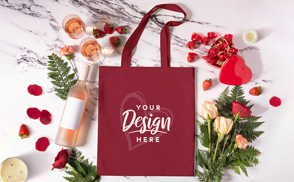 Flower petals and champagne tote bag mockup