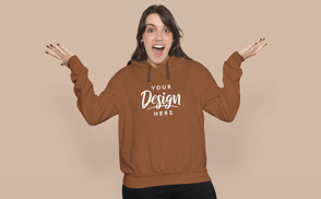 Happy brunette woman in hoodie mockup