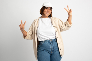 Plus size woman doing gestures in t-shirt mockup